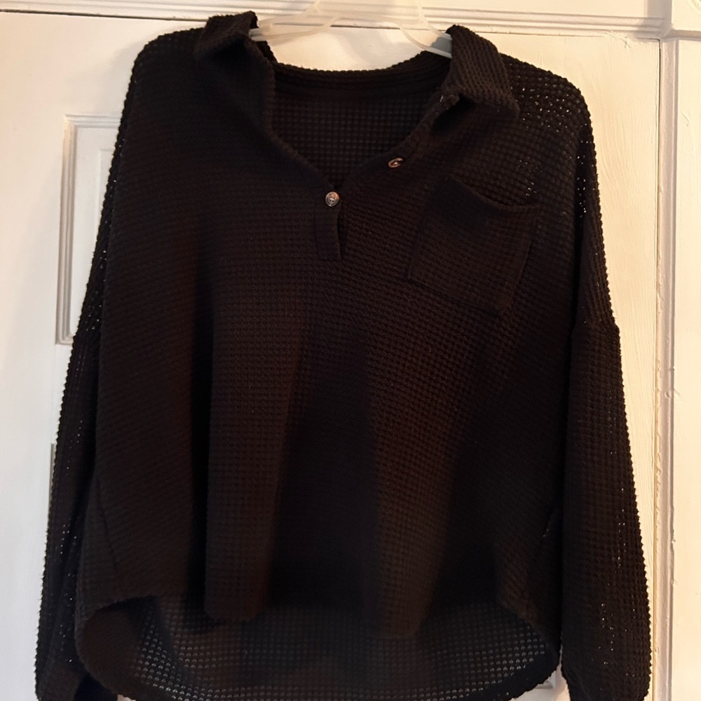 Black Waffle Knit Pullover Sweater